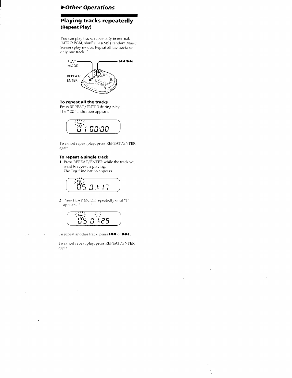 Playing tracks repeatedly, Repeat play), To repeat all the tracks | To repeat a single track, Operations, Other, Wc n i. i, Ct ► -i | Sony D-ES55 User Manual | Page 7 / 26