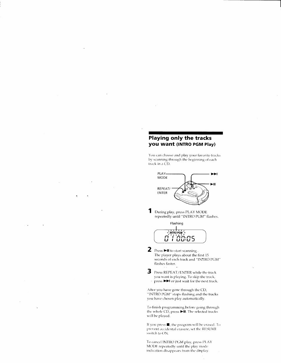 Playing only the tracks you want (intro pgm play), Playing only the tracks you want, N n . n c | Intro pgm play), Flashing | Sony D-ES55 User Manual | Page 8 / 26