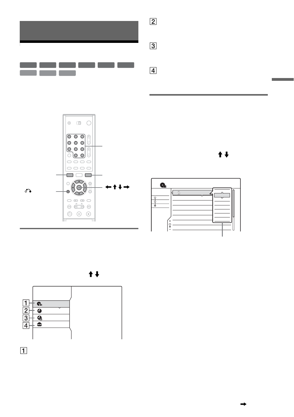 Guide to displays, Using the on-screen menus, System menu | Sub-menu, A title list (page 32), B timer (page 41), C timer list (page 44), D setup (page 69), Allows you to set a new timer recording setting, Gu ide t o di sp la ys | Sony RDR-GX300 User Manual | Page 31 / 104