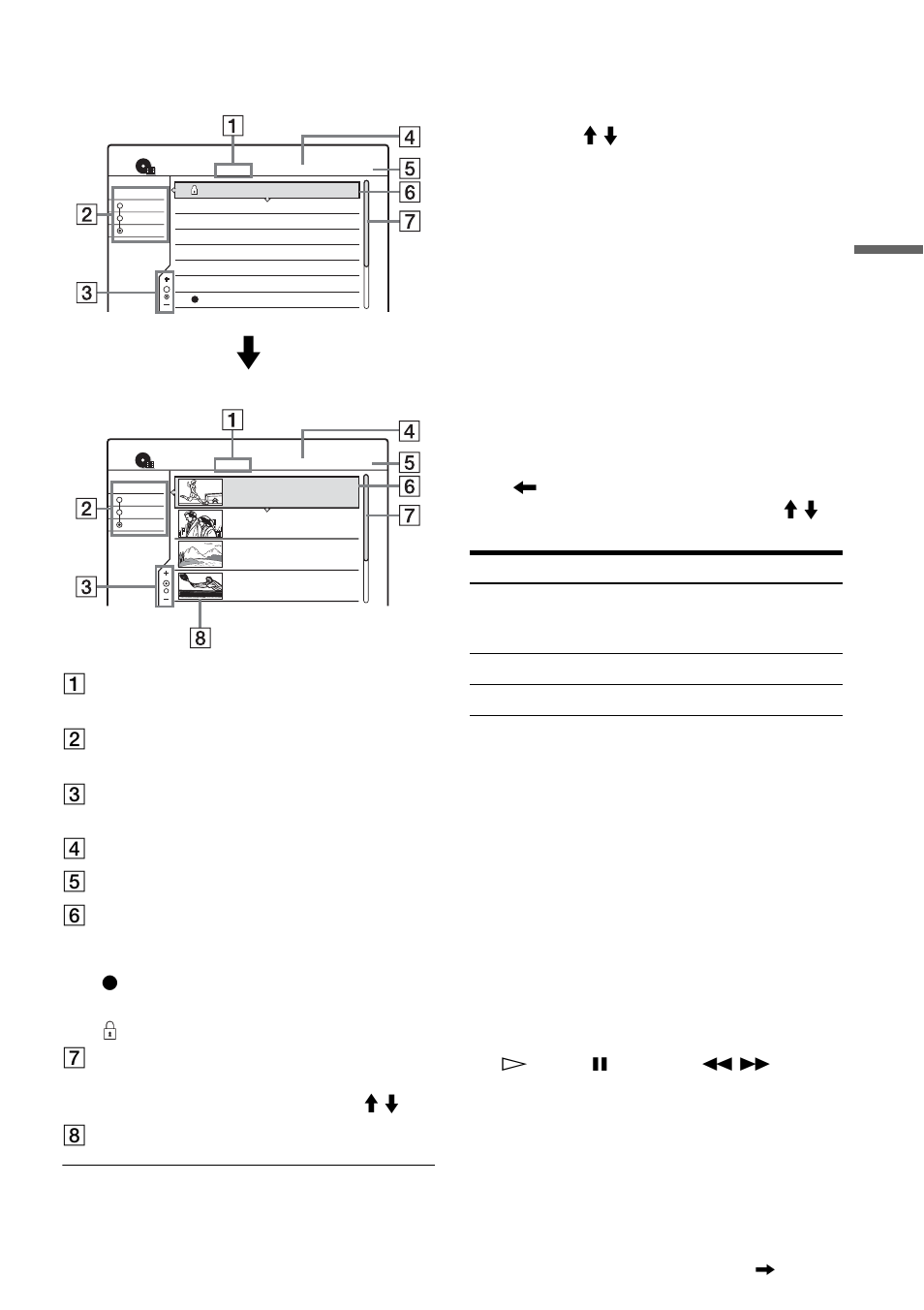 A title type (dvd-rw in vr mode only), B sort buttons, C zooming indicator | G scroll bar, About the title list for dvd-rws (vr mode), Standard title list (example: dvd-rw in vr mode), Displays the title type, original or playlist, Sorts the title order (see below), Shows the current zoom status, Press title list | Sony RDR-GX300 User Manual | Page 33 / 104