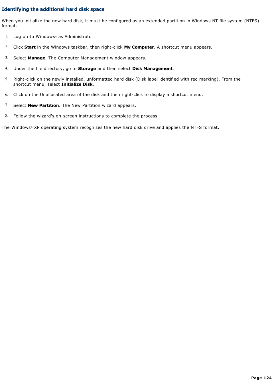 Identifying the additional hard disk space | Sony PCV-RS314P User Manual | Page 124 / 161