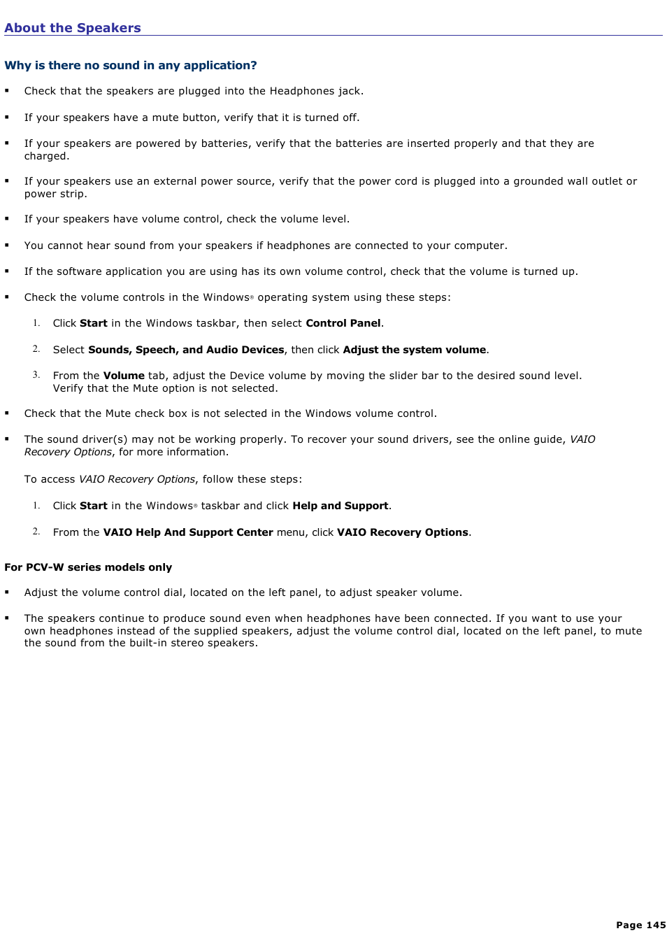 Why is there no sound in any application | Sony PCV-RS314P User Manual | Page 145 / 161