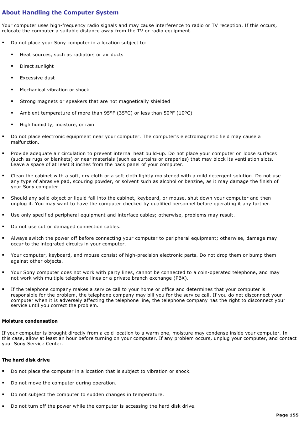 About handling the computer system | Sony PCV-RS314P User Manual | Page 155 / 161