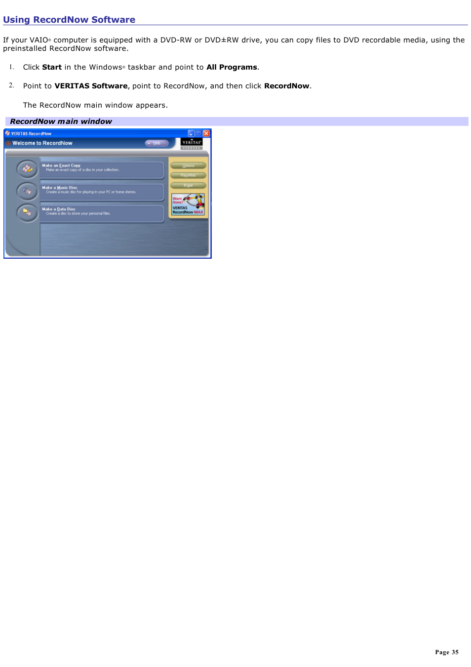 Using recordnow software | Sony PCV-RS314P User Manual | Page 35 / 161