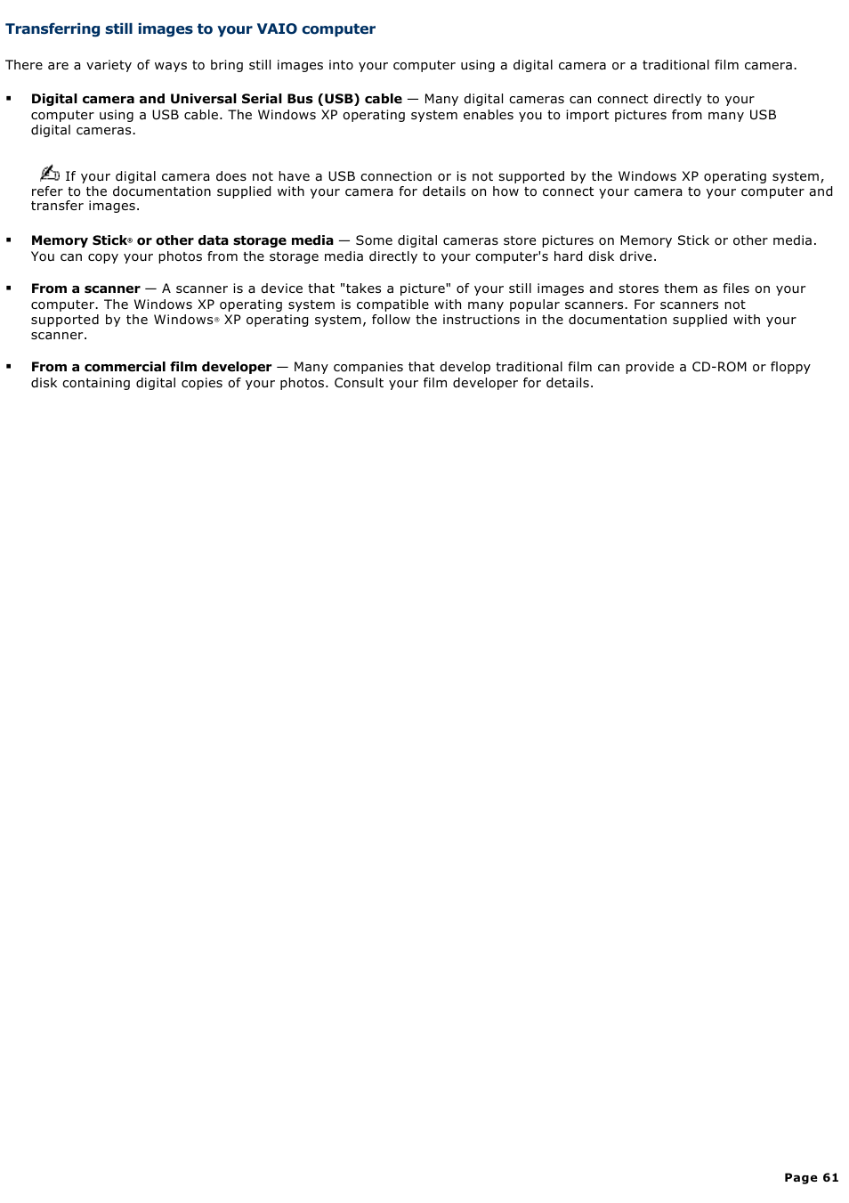Transferring still images to your vaio computer | Sony PCV-RS314P User Manual | Page 61 / 161