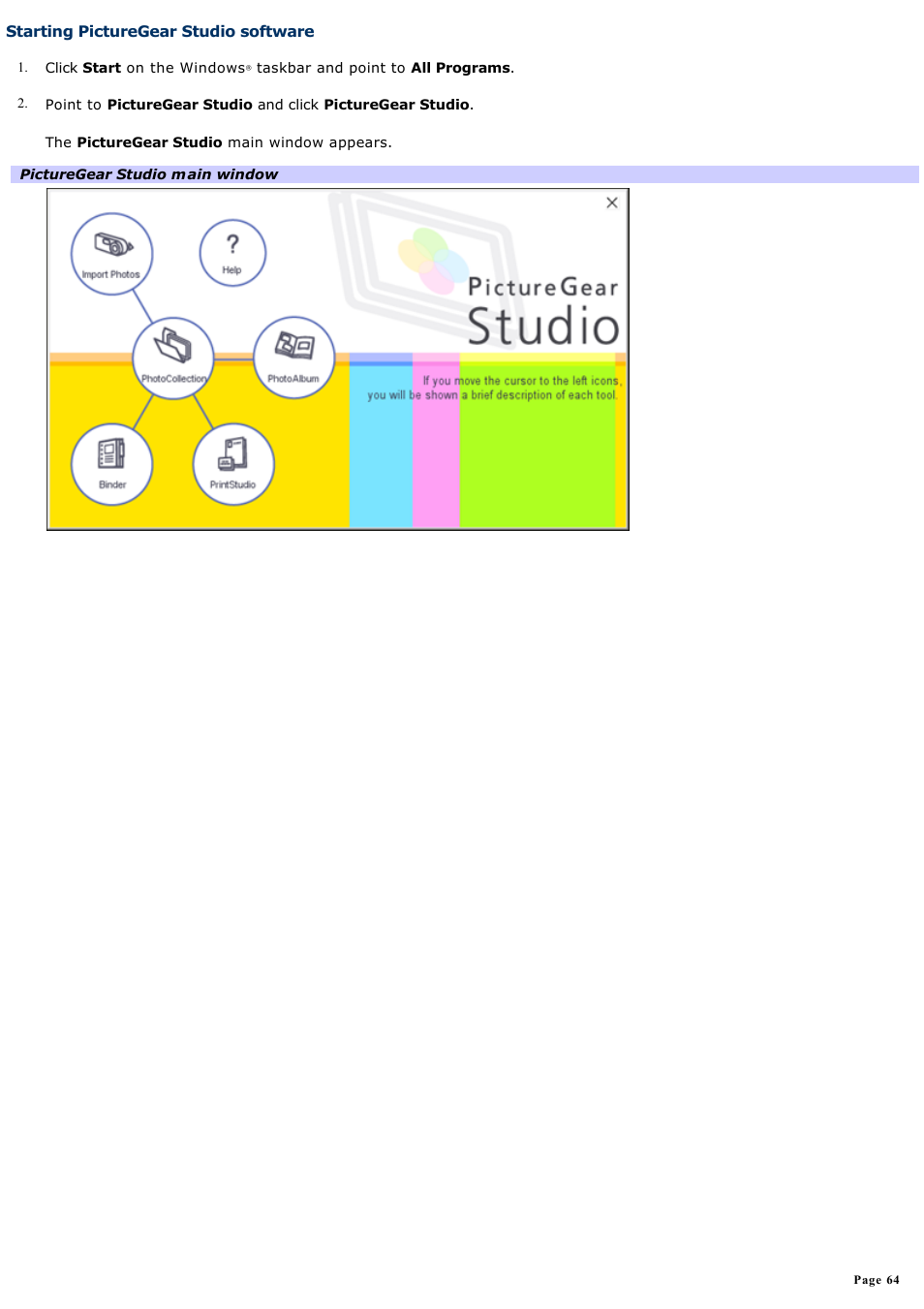Starting picturegear studio software | Sony PCV-RS314P User Manual | Page 64 / 161