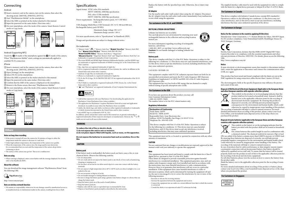 Specifications, Connecting | Sony HDR-AS30V User Manual | Page 2 / 2