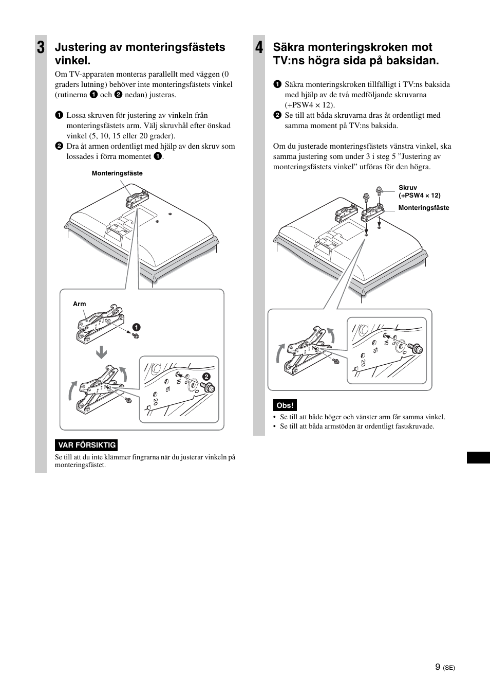 Justering av monteringsfästets vinkel | Sony KDL-26S3000R User Manual | Page 107 / 112
