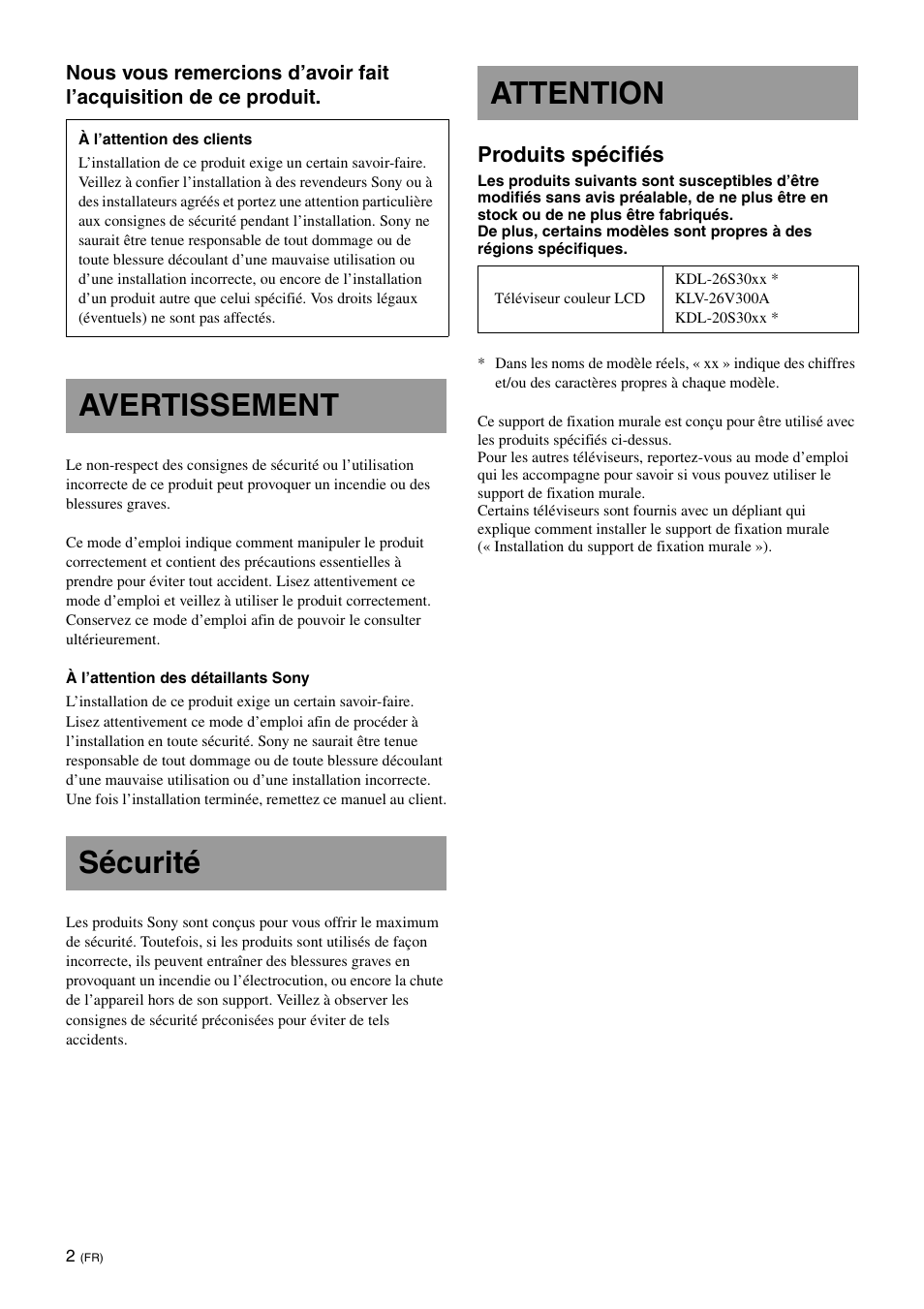 Avertissement, Sécurité, Attention | Avertissement sécurité attention, Produits spécifiés | Sony KDL-26S3000R User Manual | Page 14 / 112