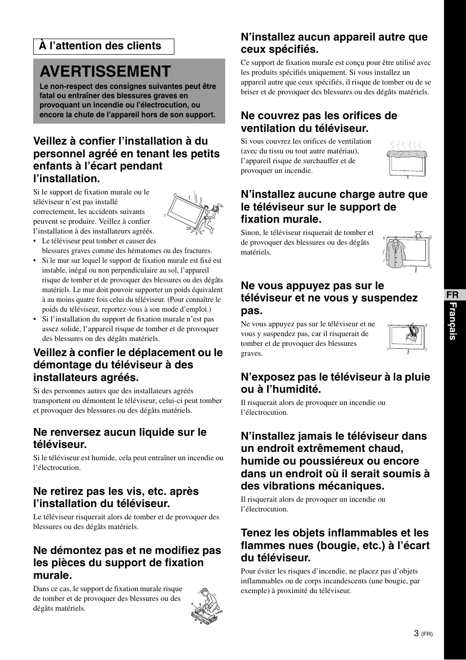 Avertissement, Ne renversez aucun liquide sur le téléviseur, À l’attention des clients | Sony KDL-26S3000R User Manual | Page 15 / 112