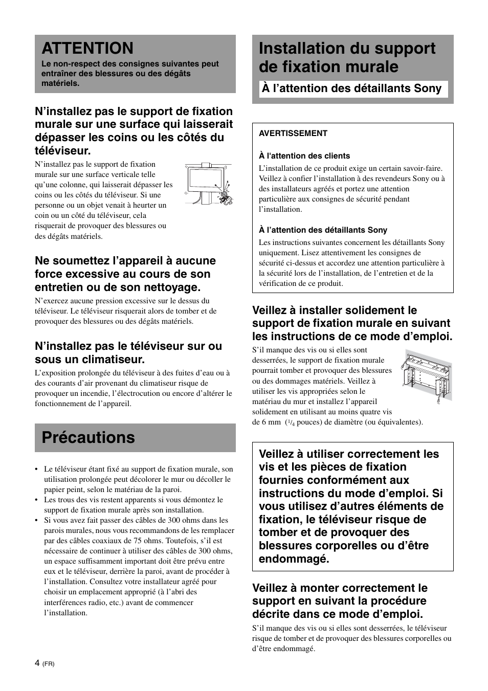 Attention, Précautions, Installation du support de fixation murale | Sony KDL-26S3000R User Manual | Page 16 / 112