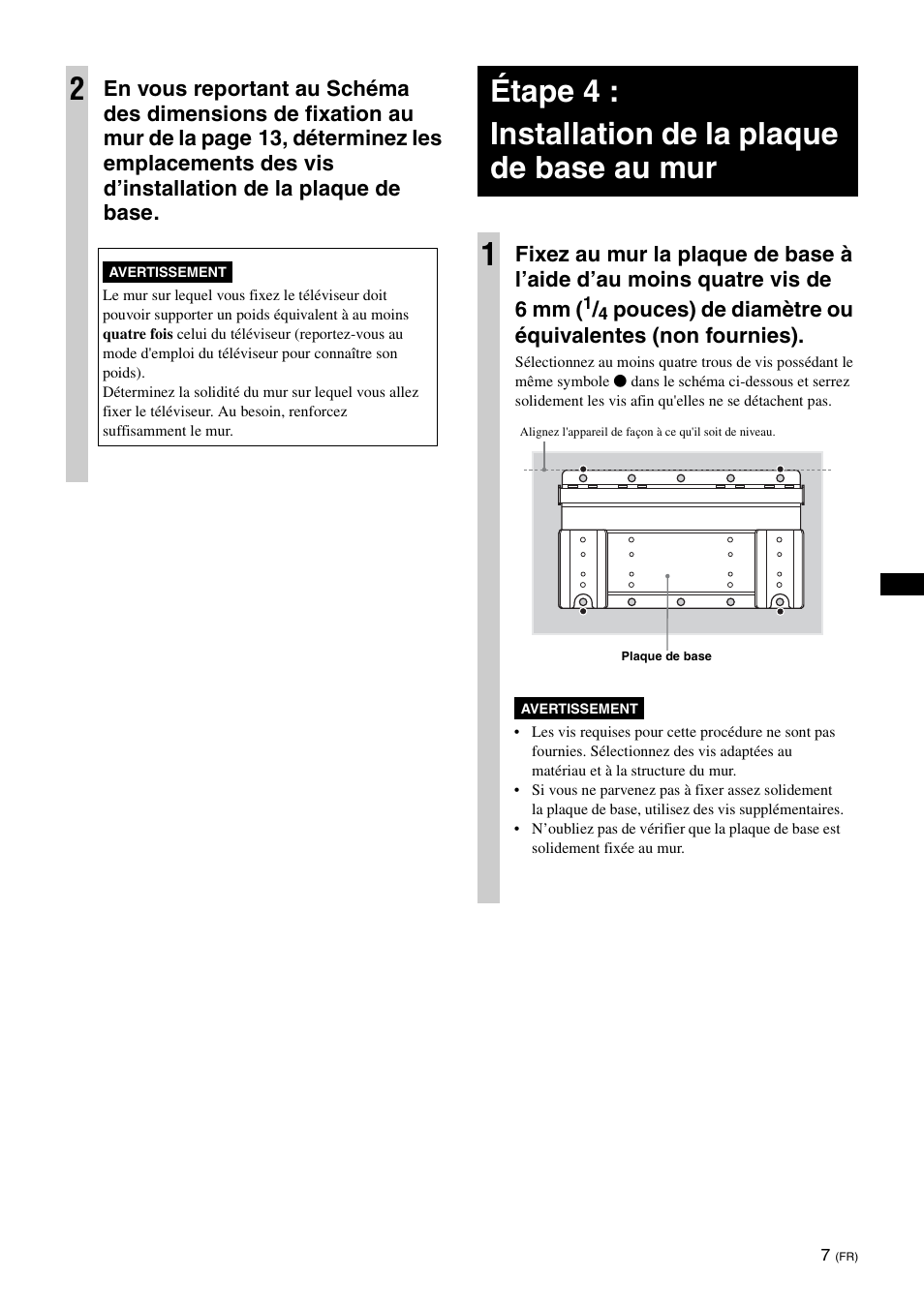 Étape 4 :installation de la plaque de base au mur, Pouces) de diamètre ou équivalentes (non fournies) | Sony KDL-26S3000R User Manual | Page 19 / 112