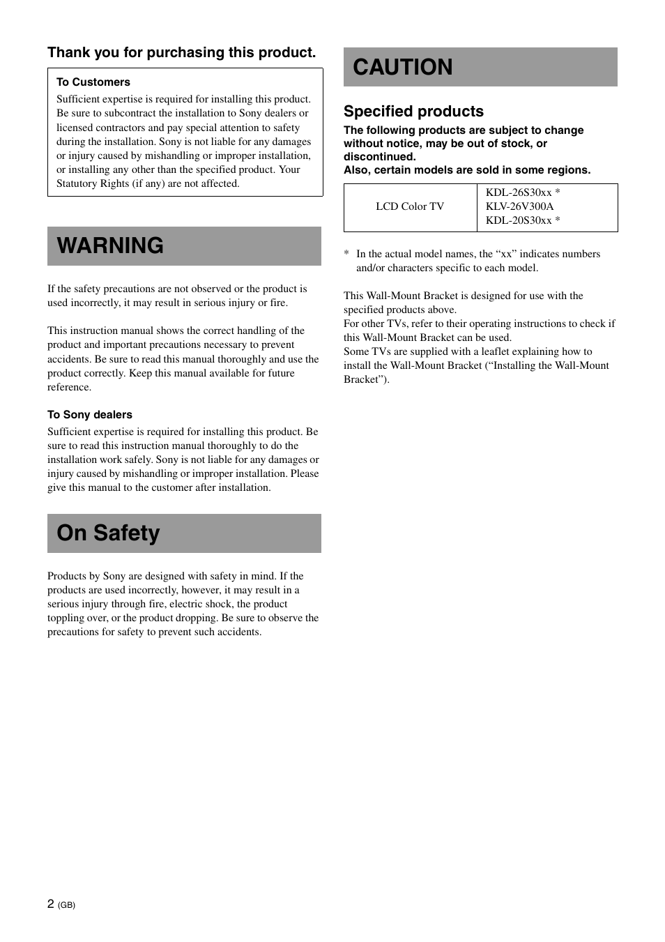 Warning, On safety, Caution | Warning on safety caution, Specified products | Sony KDL-26S3000R User Manual | Page 2 / 112
