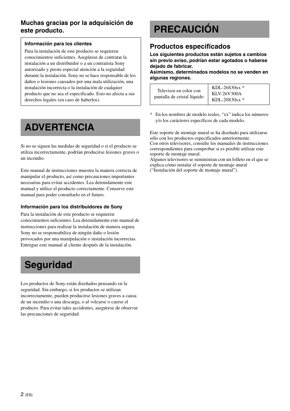 Advertencia, Seguridad, Precaución | Advertencia seguridad precaución, Productos especificados | Sony KDL-26S3000R User Manual | Page 26 / 112