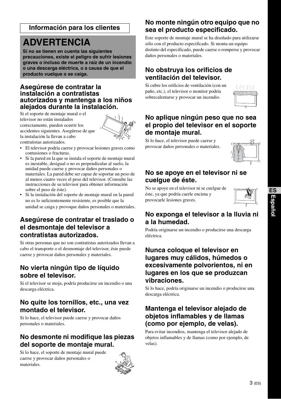 Advertencia, No se apoye en el televisor ni se cuelgue de éste, Información para los clientes | Sony KDL-26S3000R User Manual | Page 27 / 112