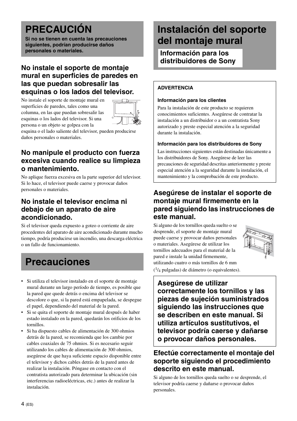 Precaución, Precauciones, Instalación del soporte del montaje mural | Sony KDL-26S3000R User Manual | Page 28 / 112