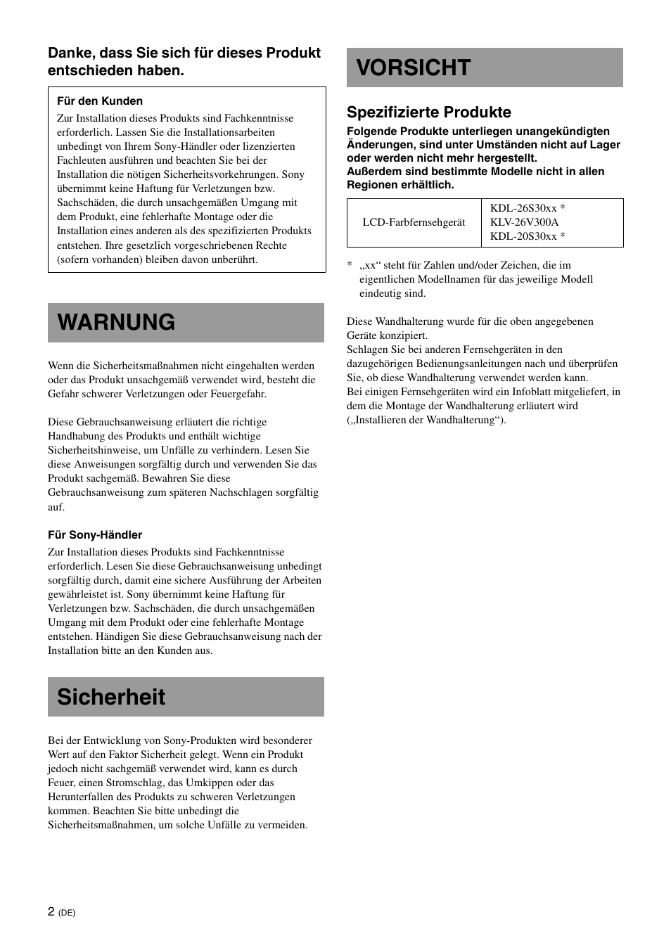 Warnung, Sicherheit, Vorsicht | Warnung sicherheit vorsicht, Spezifizierte produkte | Sony KDL-26S3000R User Manual | Page 38 / 112