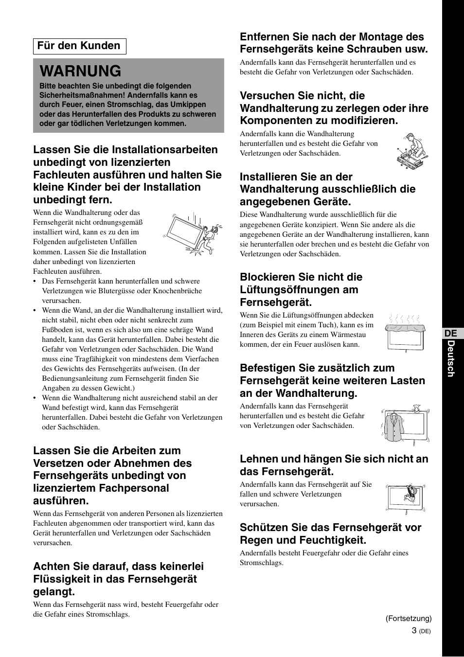 Warnung, Für den kunden | Sony KDL-26S3000R User Manual | Page 39 / 112