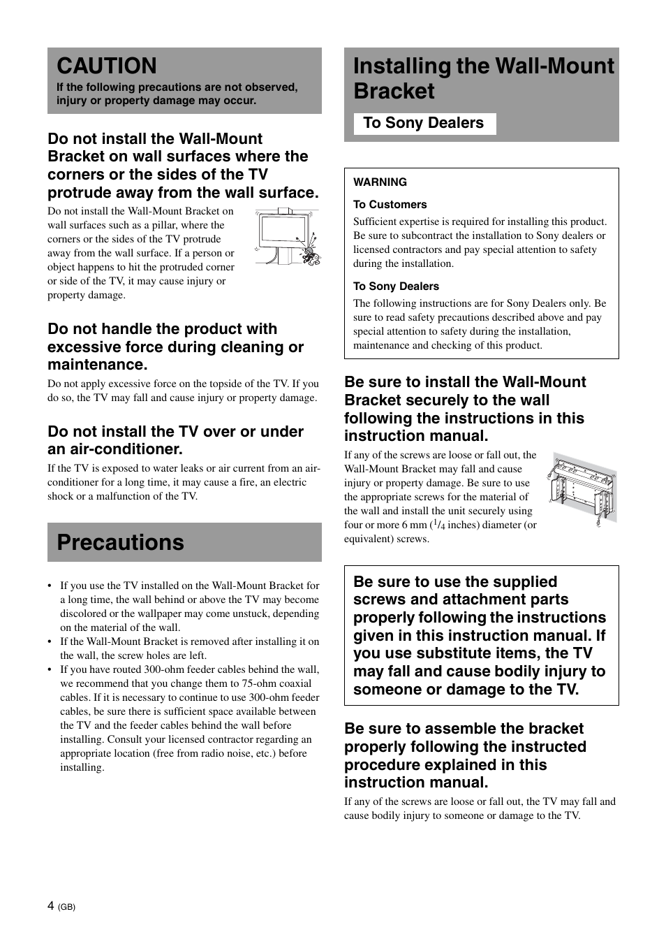 Caution, Precautions, Installing the wall-mount bracket | Precautions installing the wall-mount bracket | Sony KDL-26S3000R User Manual | Page 4 / 112