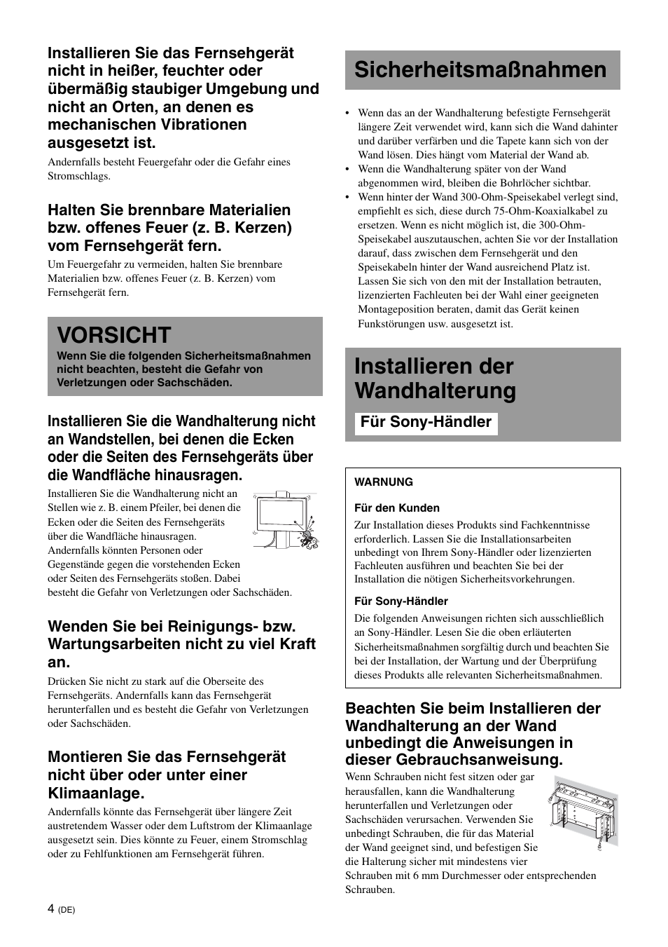 Vorsicht, Sicherheitsmaßnahmen, Installieren der wandhalterung | Für sony-händler | Sony KDL-26S3000R User Manual | Page 40 / 112