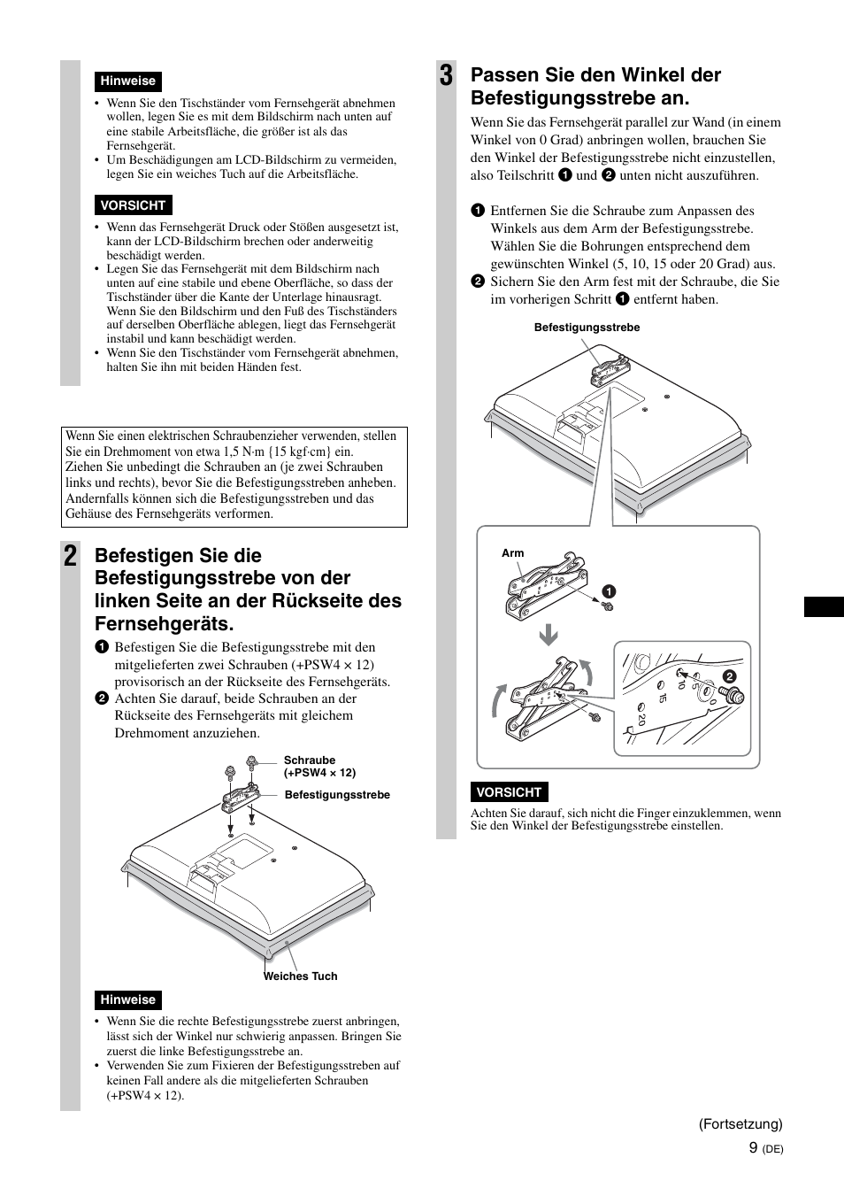 Passen sie den winkel der befestigungsstrebe an | Sony KDL-26S3000R User Manual | Page 45 / 112