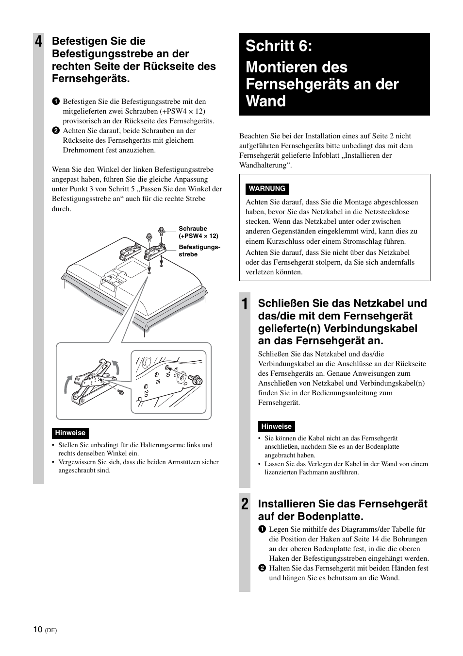 Schritt 6:montieren des fernsehgeräts an der wand, Schritt 6: montieren des fernsehgeräts an der wand | Sony KDL-26S3000R User Manual | Page 46 / 112