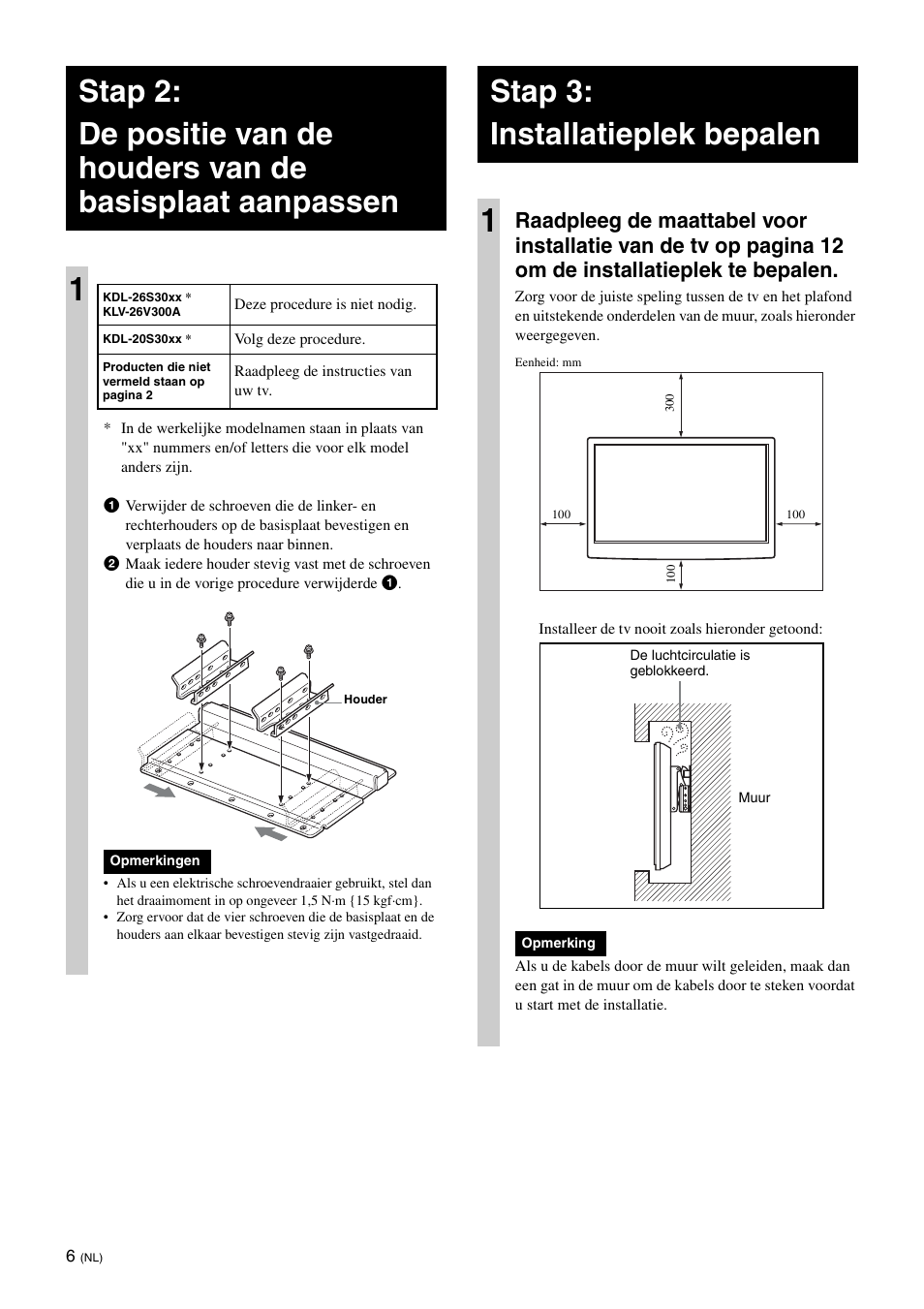 Stap 3:installatieplek bepalen, Stap 3: installatieplek bepalen 1 | Sony KDL-26S3000R User Manual | Page 56 / 112