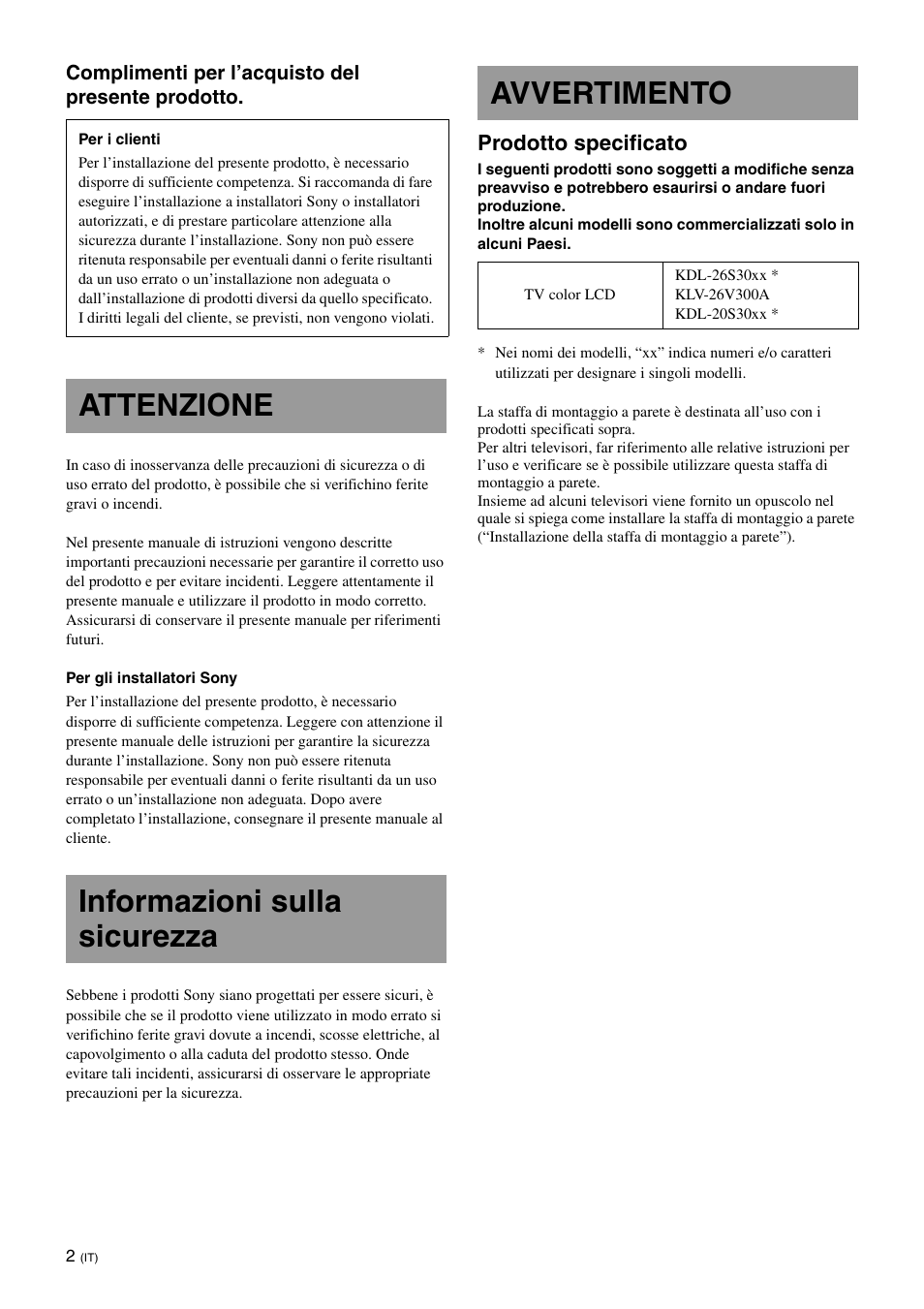 Attenzione, Informazioni sulla sicurezza, Avvertimento | Prodotto specificato | Sony KDL-26S3000R User Manual | Page 64 / 112