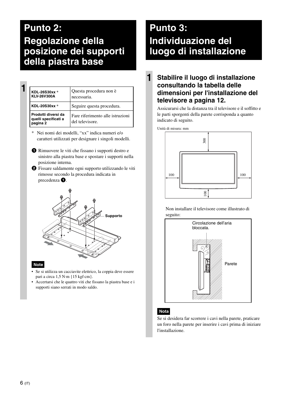 Punto 3:individuazione del luogo di installazione | Sony KDL-26S3000R User Manual | Page 68 / 112