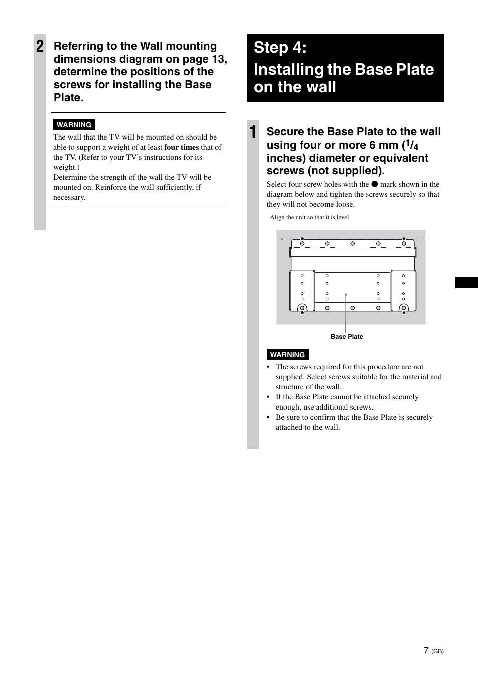 Step 4:installing the base plate on the wall, Step 4: installing the base plate on the wall 1 | Sony KDL-26S3000R User Manual | Page 7 / 112