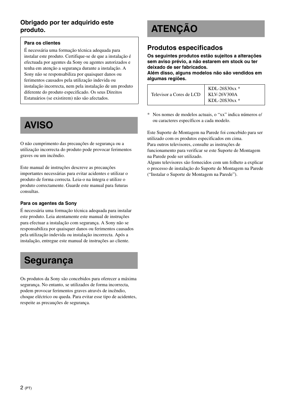 Aviso, Segurança, Atenção | Aviso segurança atenção, Produtos especificados | Sony KDL-26S3000R User Manual | Page 76 / 112