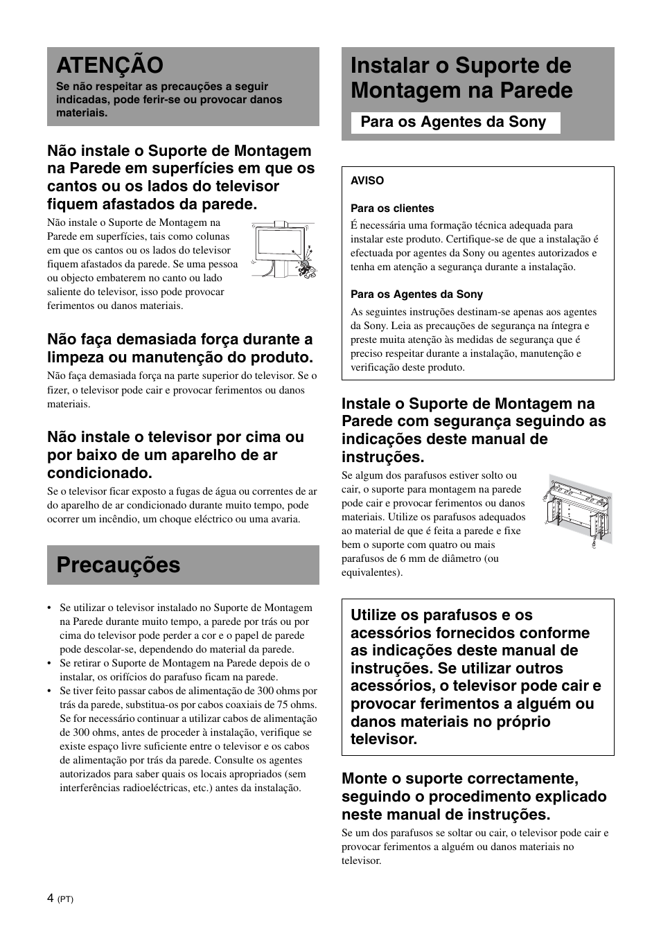 Atenção, Precauções, Instalar o suporte de montagem na parede | Sony KDL-26S3000R User Manual | Page 78 / 112
