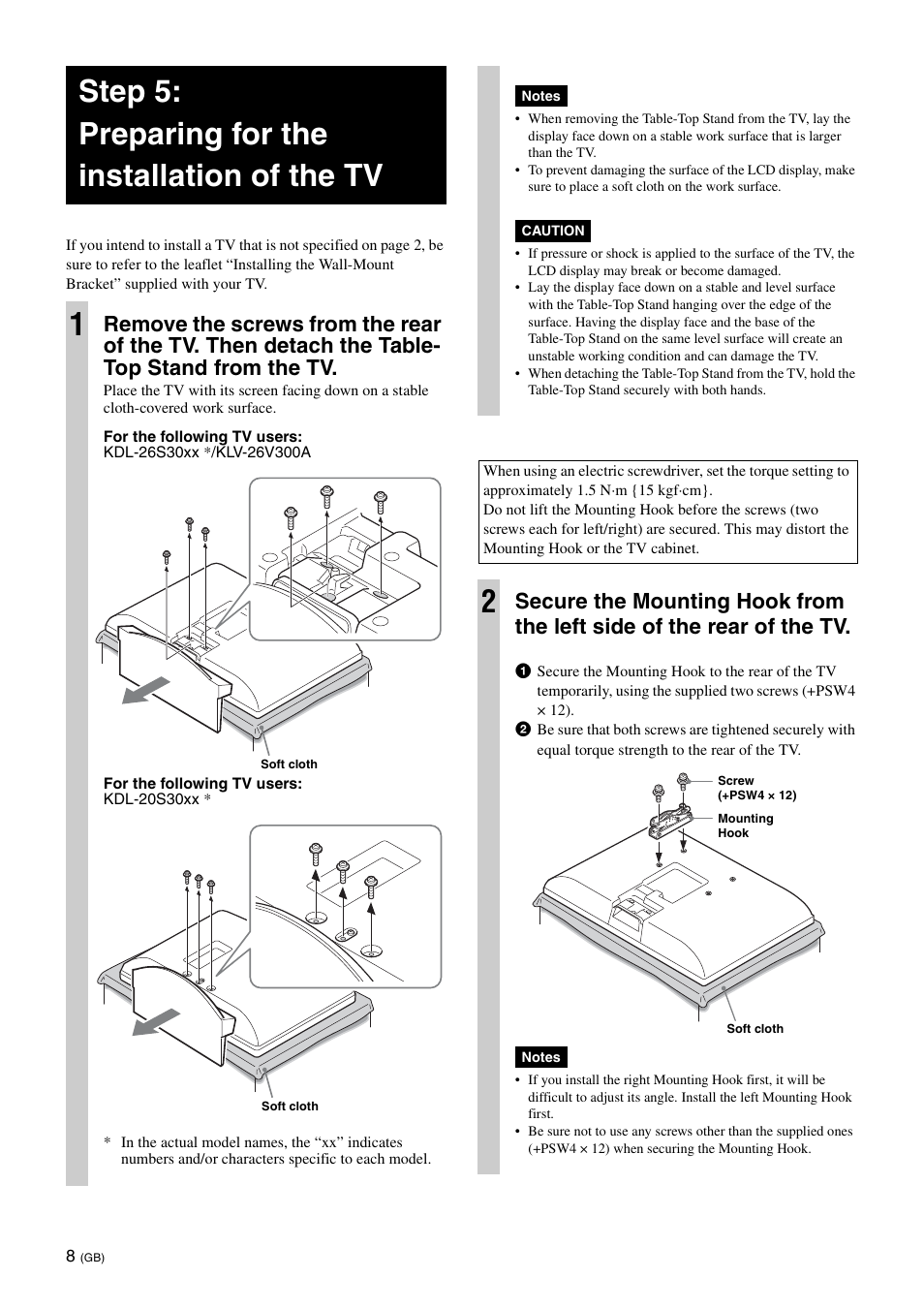 Step 5:preparing for the installation of the tv, Step 5: preparing for the installation of the tv 1 | Sony KDL-26S3000R User Manual | Page 8 / 112