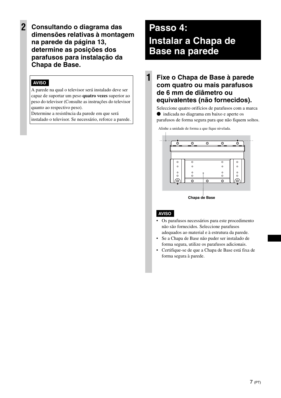Passo 4:instalar a chapa de base na parede, Passo 4: instalar a chapa de base na parede 1 | Sony KDL-26S3000R User Manual | Page 81 / 112