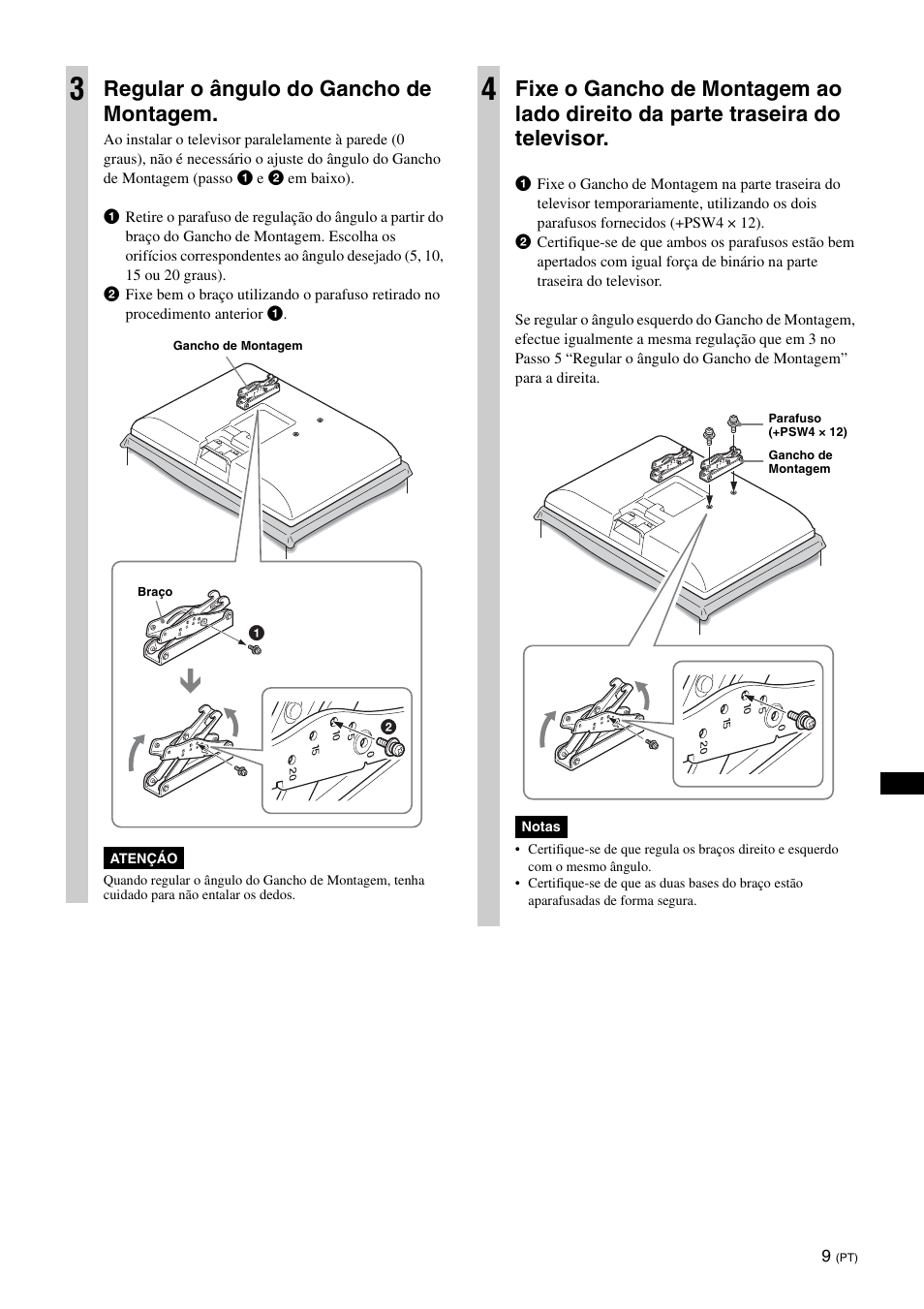 Regular o ângulo do gancho de montagem | Sony KDL-26S3000R User Manual | Page 83 / 112