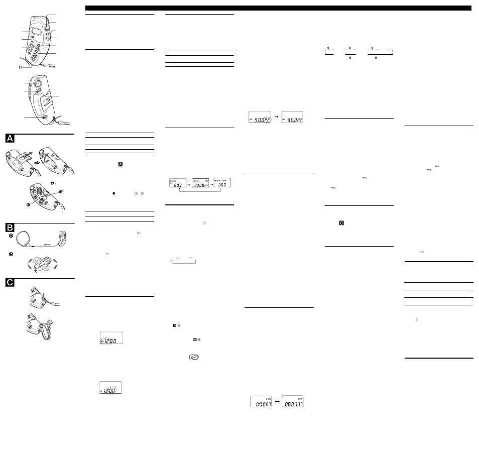 Ab c, Funciones útiles, Utilización de la correa para la muñeca | Precauciones, Selección del modo, Escucha de la radio, Utilización del temporizador, Utilización del cronómetro, Antes de comenzar, Características | Sony SRF-M73 User Manual | Page 2 / 2