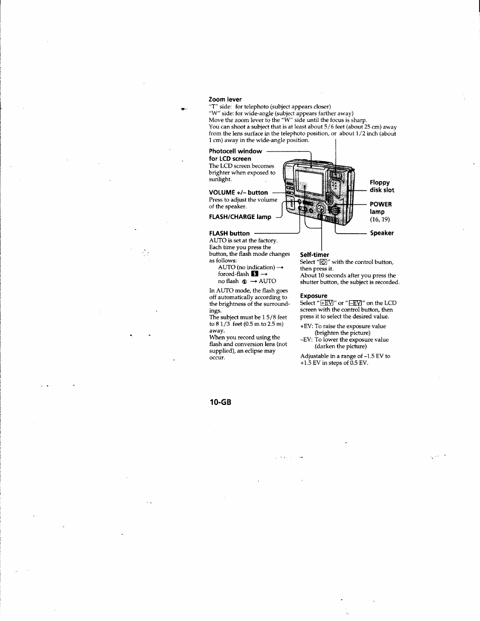 Zoom lever, Photocell window for lcd screen, Volume+/-button | Flash/charge lamp, Self-timer, Exposure | Sony MVC-FD81 User Manual | Page 10 / 86