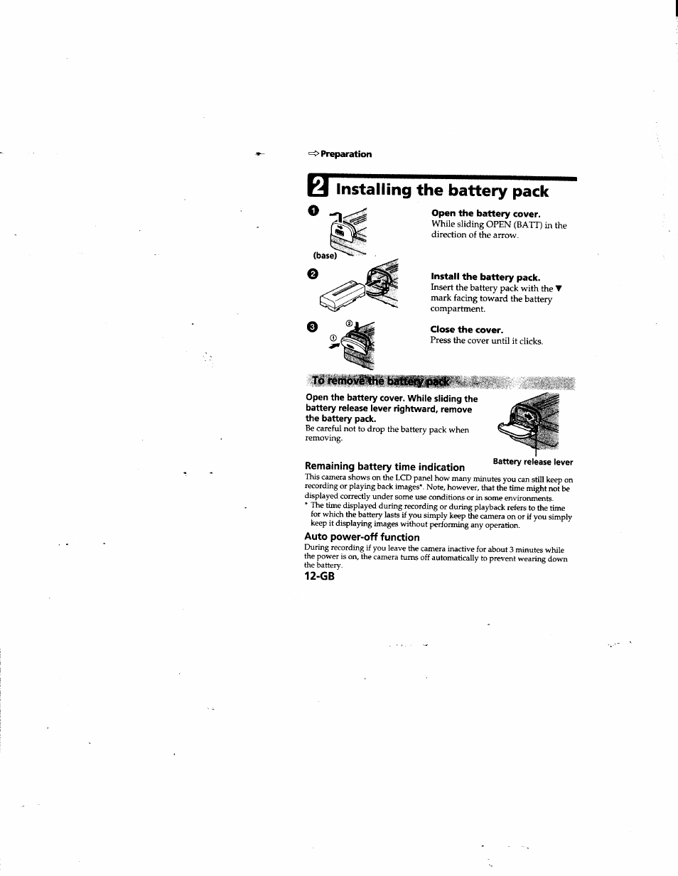 Installing the battery pack, Open the battery cover, Install the battery pack | Close the cover, To femov^‘'the batteiy padc, Remaining battery time indication, Auto power-off function, 2'. installing the battery pack | Sony MVC-FD81 User Manual | Page 12 / 86