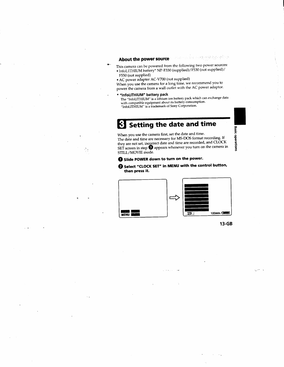 About the power source, Infolithium" battery pack, Ej setting the date and time | O slide power down to turn on the power, Setting the date and time | Sony MVC-FD81 User Manual | Page 13 / 86