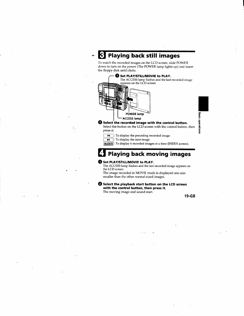 Y playing back still images, O set play/still/movie to play, Playing back moving images | Sony MVC-FD81 User Manual | Page 19 / 86