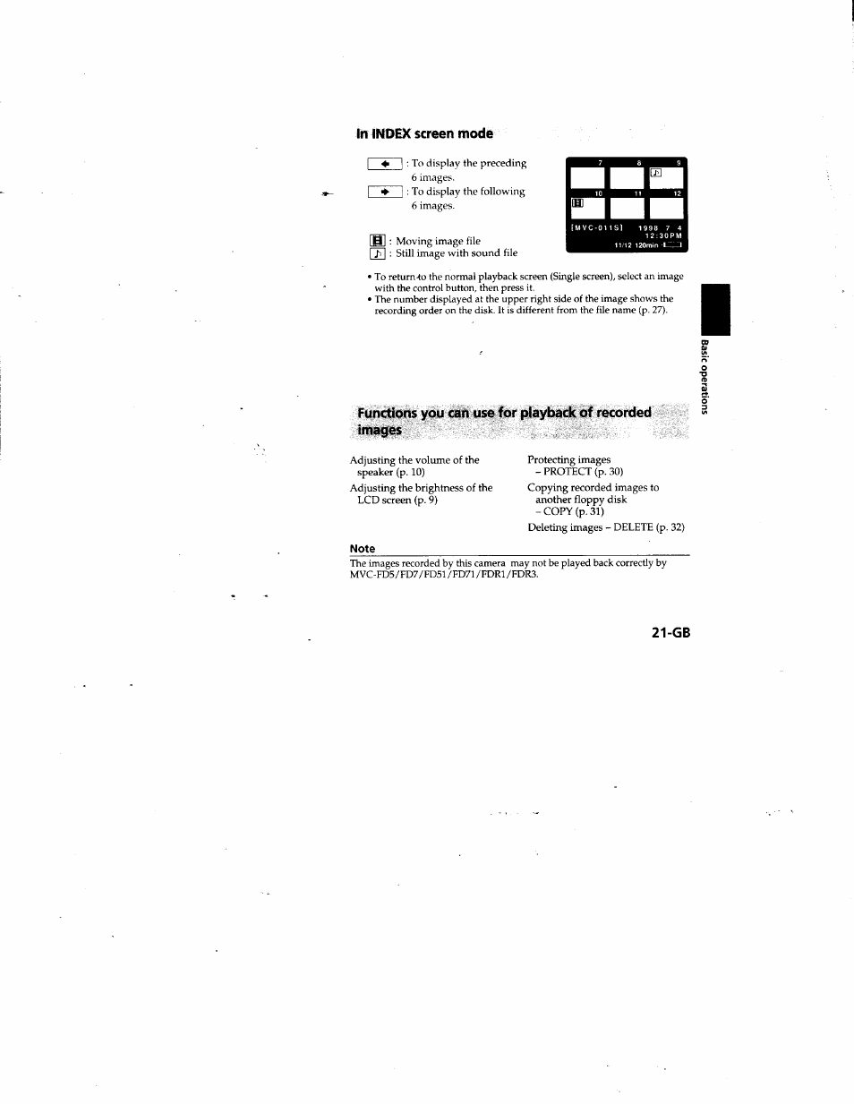 In index screen mode, Note | Sony MVC-FD81 User Manual | Page 21 / 86