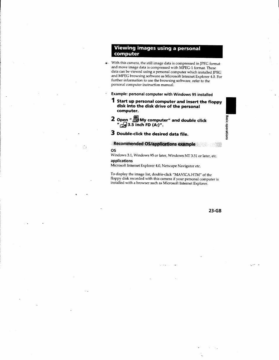 Viewing images using a personal computer, 2 open ",^my computer" and double click, Inch fd (a:) | 3 double-click the desired data file, Recommended os/appfiortions example, Applications | Sony MVC-FD81 User Manual | Page 23 / 86