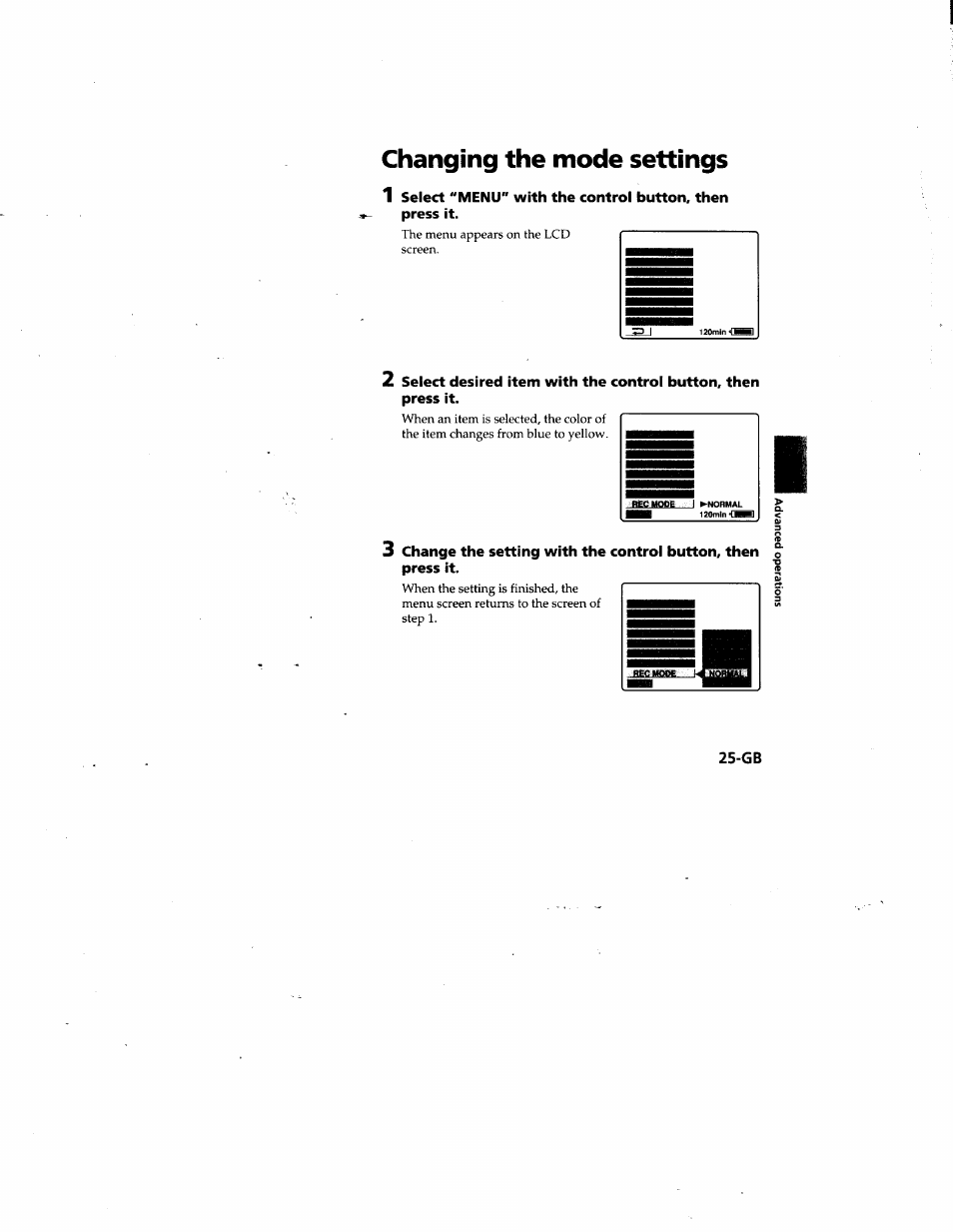 Changing the mode settings | Sony MVC-FD81 User Manual | Page 25 / 86