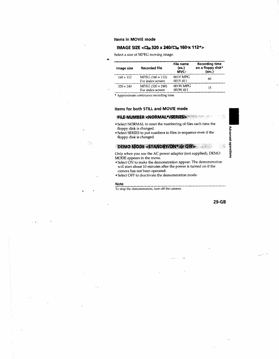 Image size <£3* 320 x 240/0« tsooc 112, Demo mode <standby/on* or off, Note | Sony MVC-FD81 User Manual | Page 29 / 86