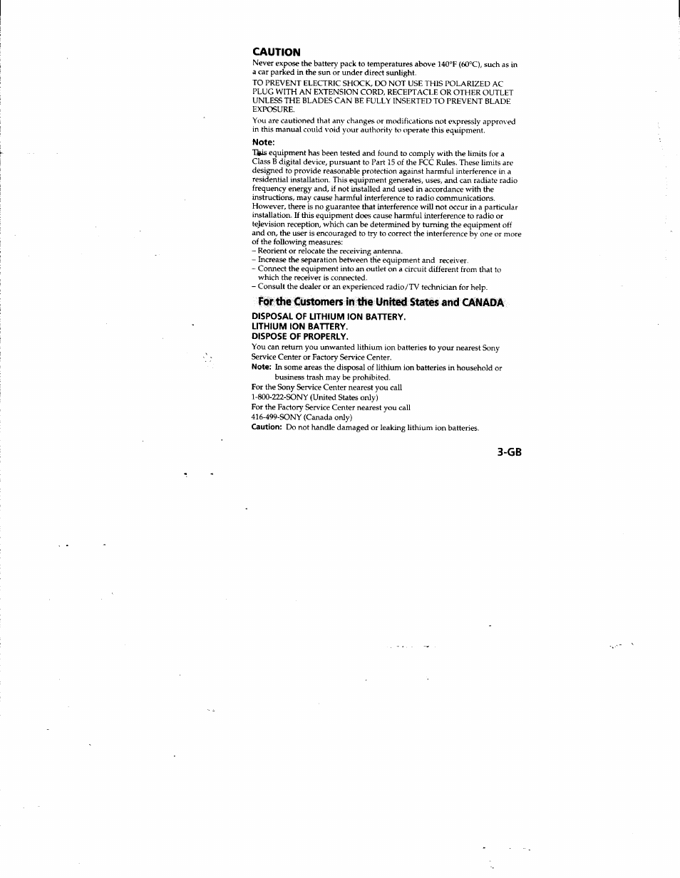 Caution, Note, For the customers in the united states and canada | Disposal of lithium ion battery, Lithium ion battery, Dispose of properly | Sony MVC-FD81 User Manual | Page 3 / 86