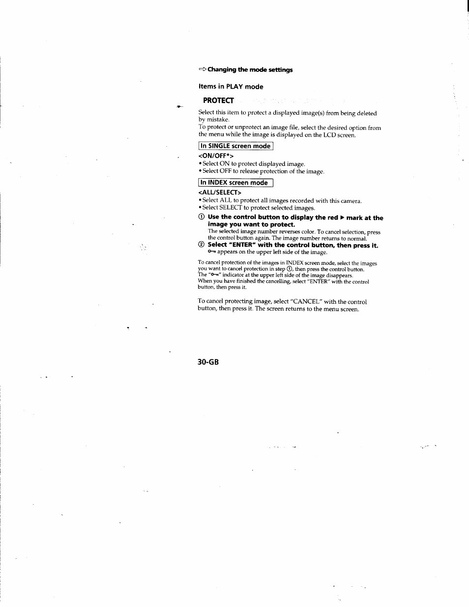 Items in play mode, Protect, In single screen mode | On/off, In index screen mode, All/select | Sony MVC-FD81 User Manual | Page 30 / 86