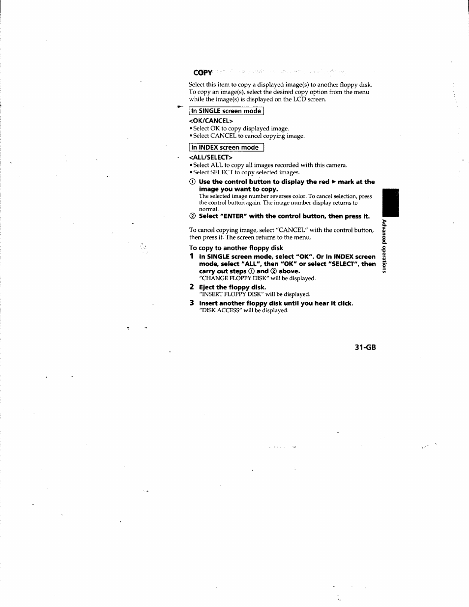 Copy, In single screen mode, Ok/cancel | In index screen mode, All/select, To copy to another floppy disk, 2 eject the floppy disk | Sony MVC-FD81 User Manual | Page 31 / 86