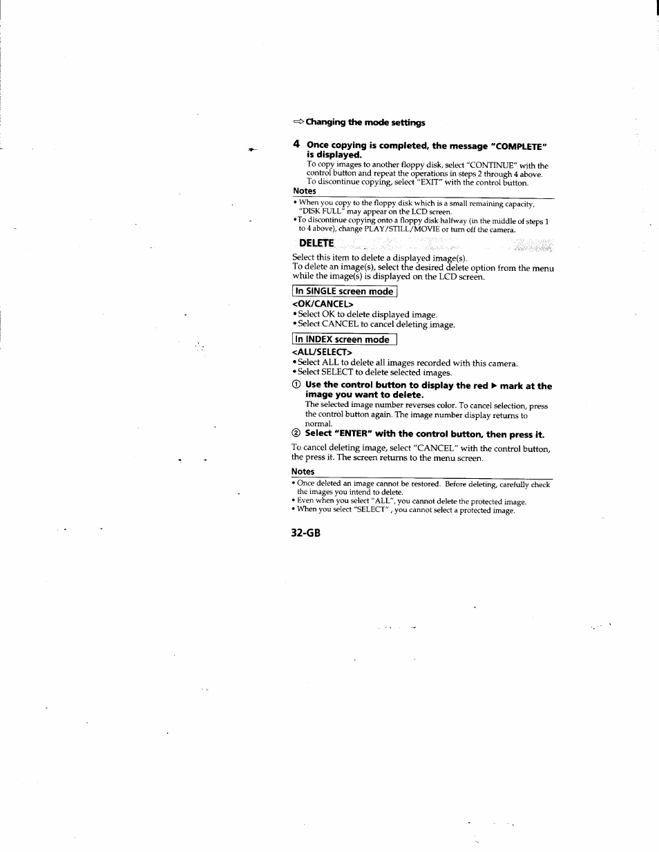 Notes, Delete, I in single screen mode i | Ok/cancel, I in index screen mode i, All/select | Sony MVC-FD81 User Manual | Page 32 / 86