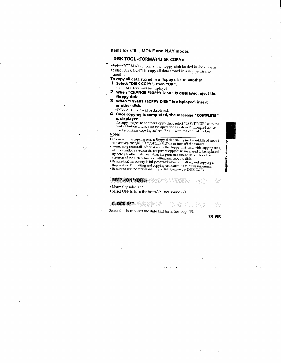 Items for still, movie and play modes, Disk tool <format/disk copy, 1 select "disk copy", then "ok | Notes, Beep <on*/off, Clock set | Sony MVC-FD81 User Manual | Page 33 / 86