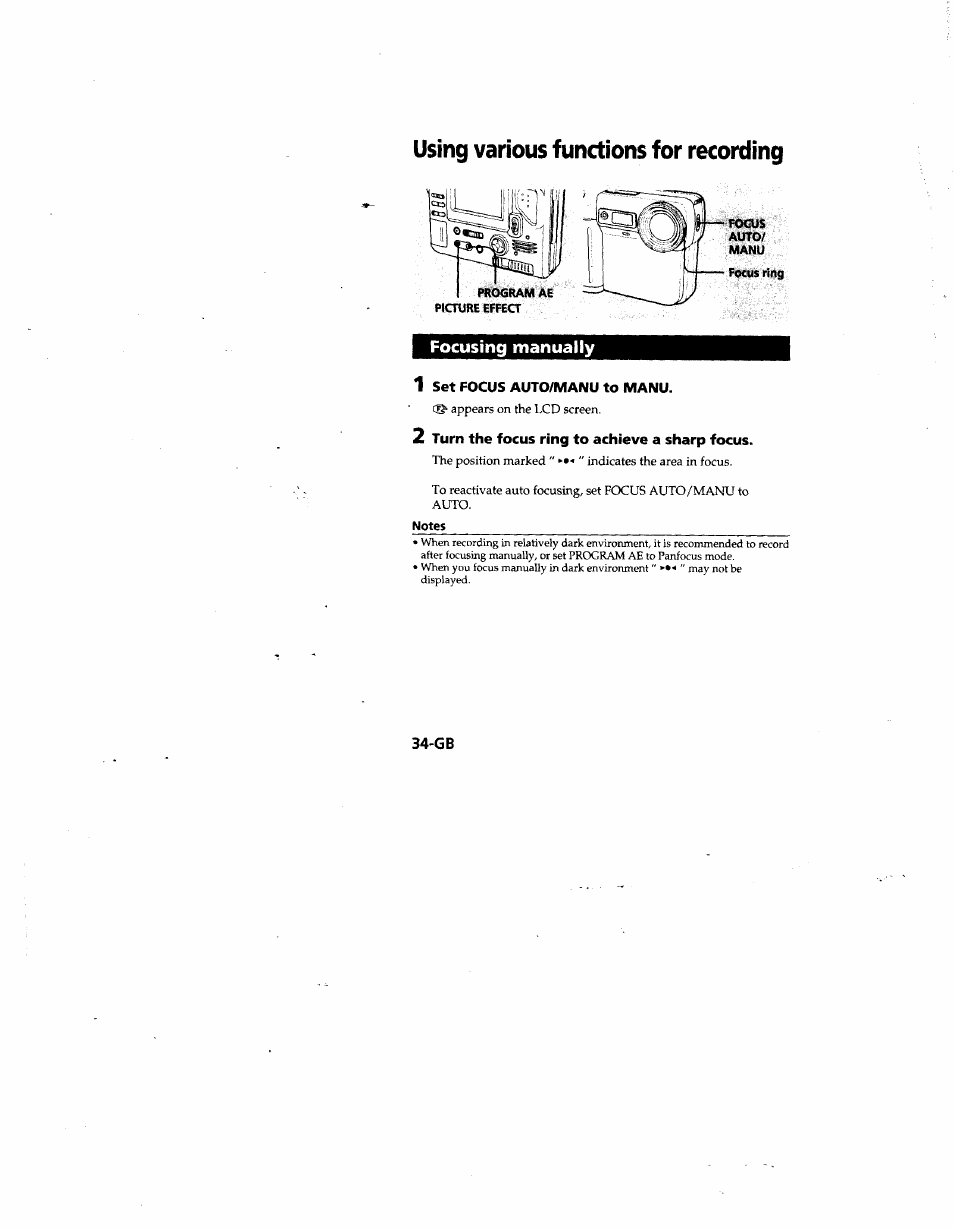 Using various functions for recording, Focusing manually, 1 set focus auto/manu to manu | 2 turn the focus ring to achieve a sharp focus, Notes | Sony MVC-FD81 User Manual | Page 34 / 86